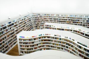 Aerial view of white curved bookshelves